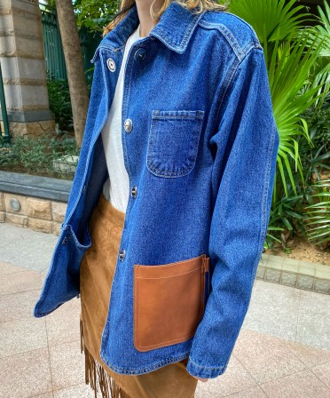 Leather Patched Denim Chore Jacket #221122