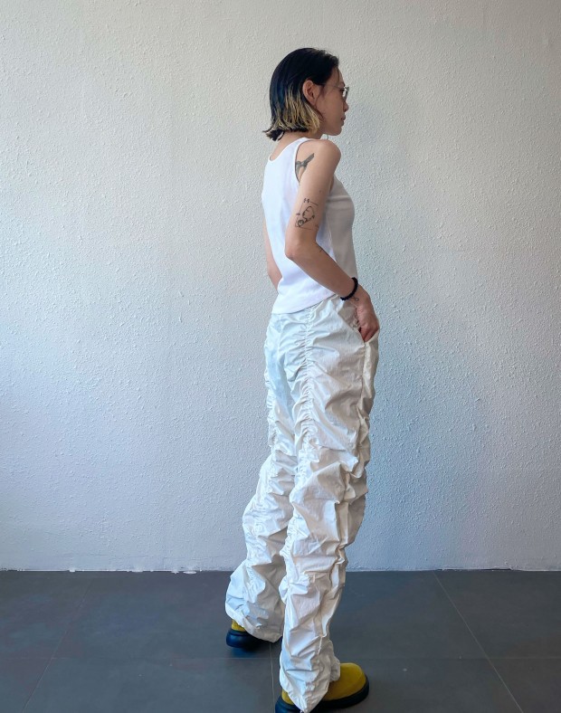 White Wrinkle Track Pants #230609