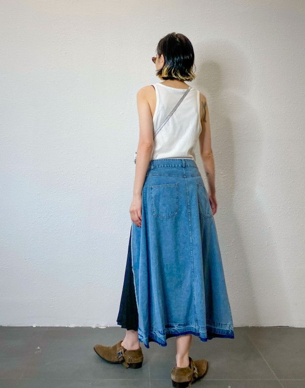 Denim Patch Chiffon Pleated Skirt #230522