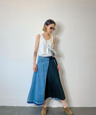 Denim Patch Chiffon Pleated Skirt #230522