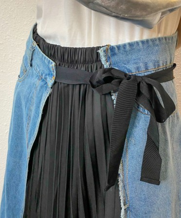 Denim Patch Chiffon Pleated Skirt #230522