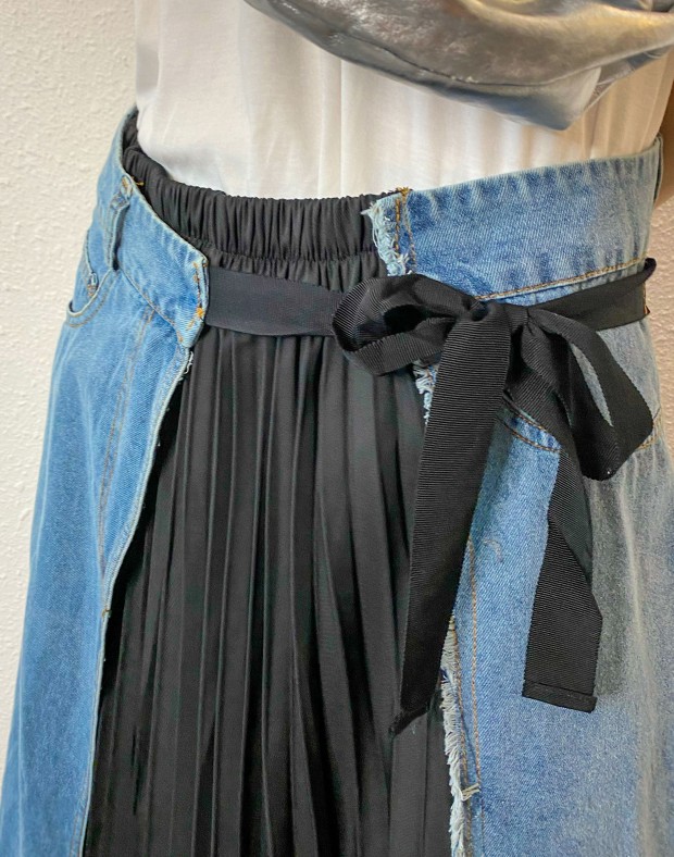 Denim Patch Chiffon Pleated Skirt #230522