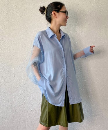 Blue See Though Sleeve Shirt  #240412