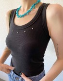 Black Studs Ribbed Vest #240721