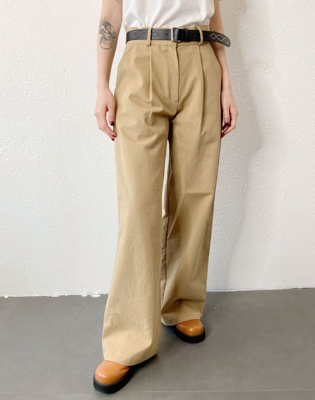 Khaki Cotton Pants with Patched Checkers Waist #241146