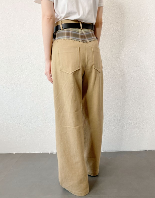 Khaki Cotton Pants with Patched Checkers Waist #241146