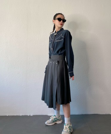 Charcoal Pleated Dripped Skirt #240911