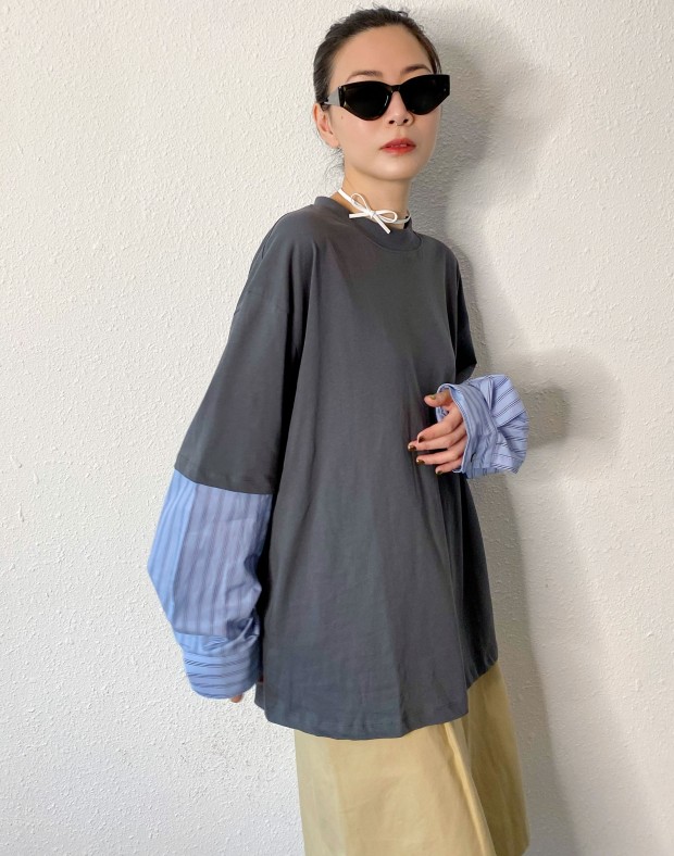 Patched Shirt Sleeve Oversized Tee #240923